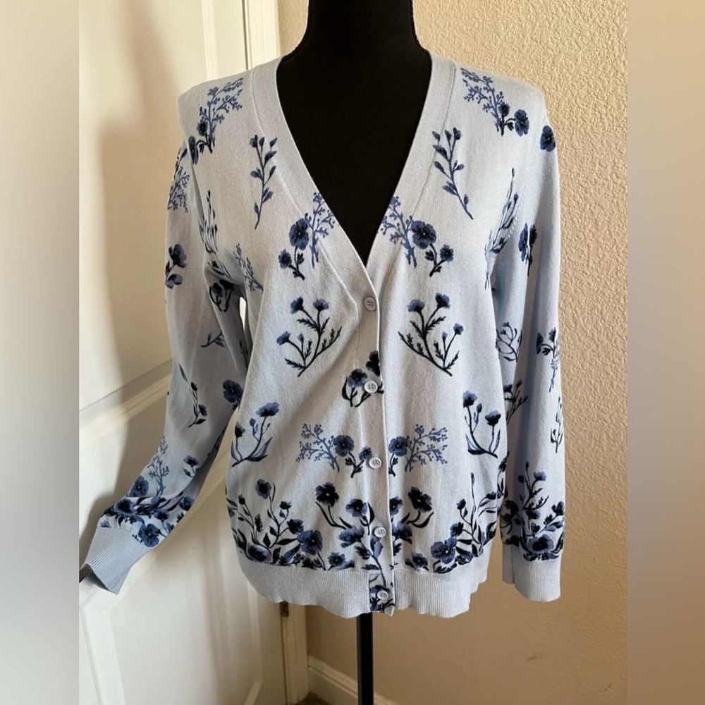 Ecowish Blue w/Flower Sz XL Cardigan Long Sleeve Soft Lightweight 100% Viscose